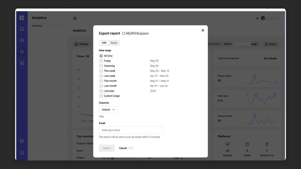Export report dialog: file format, date range, columns, and email