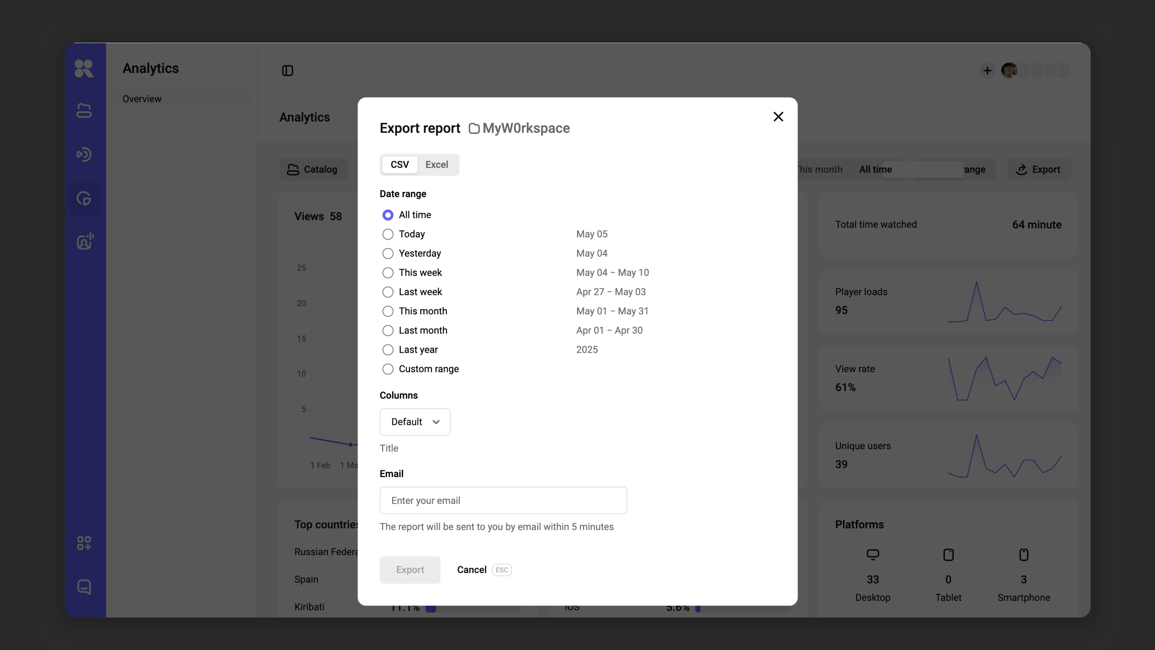Export report dialog: file format, date range, columns, and email
