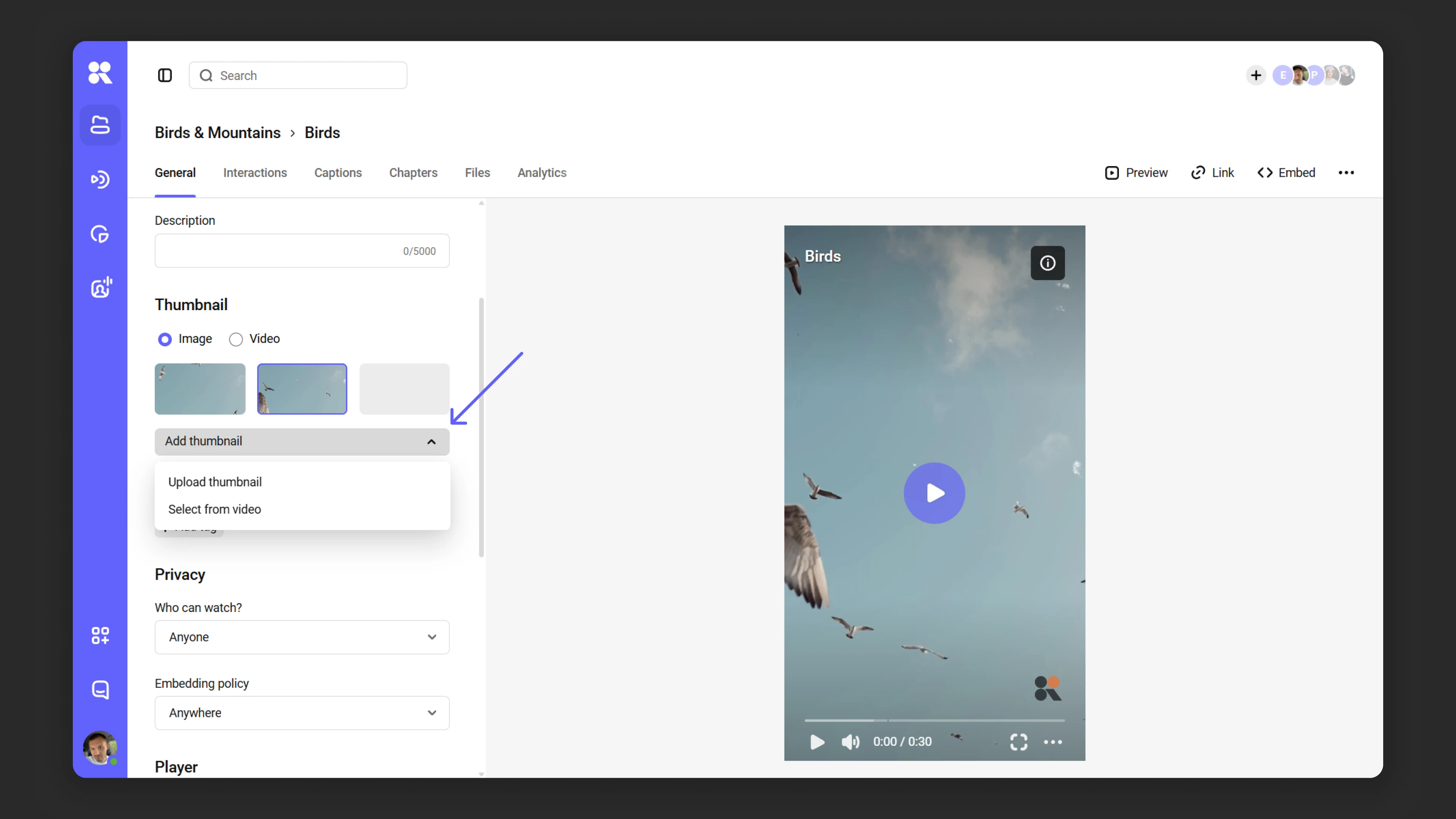 Selecting a frame from the video for a poster