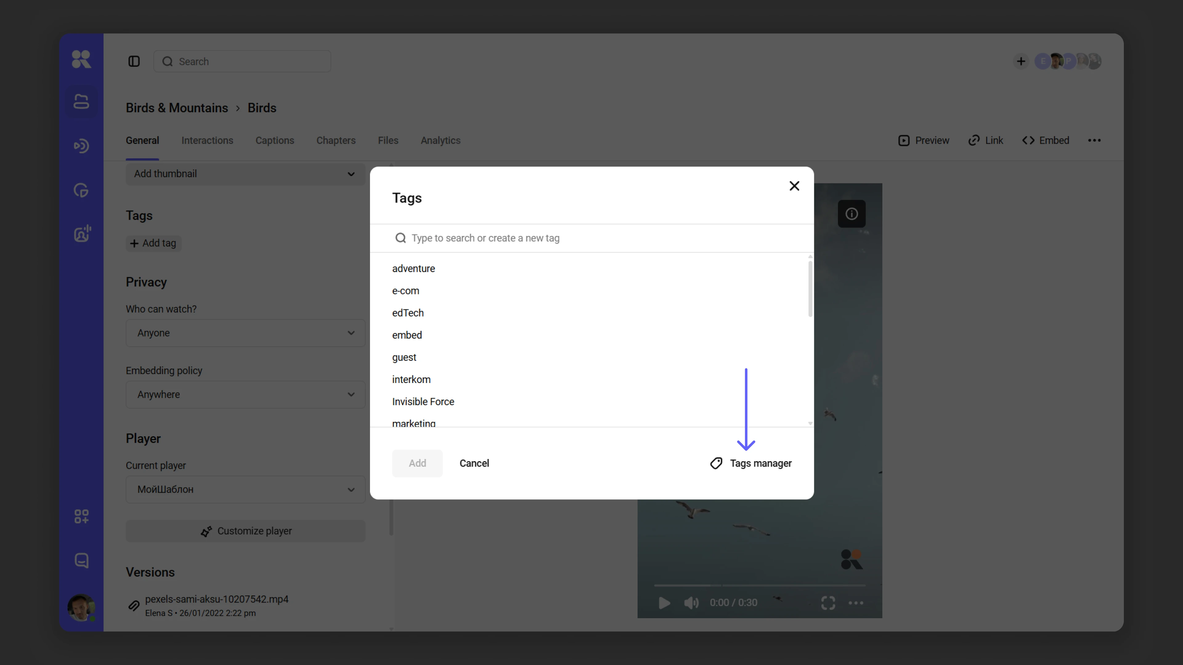 Tag manager in media file settings
