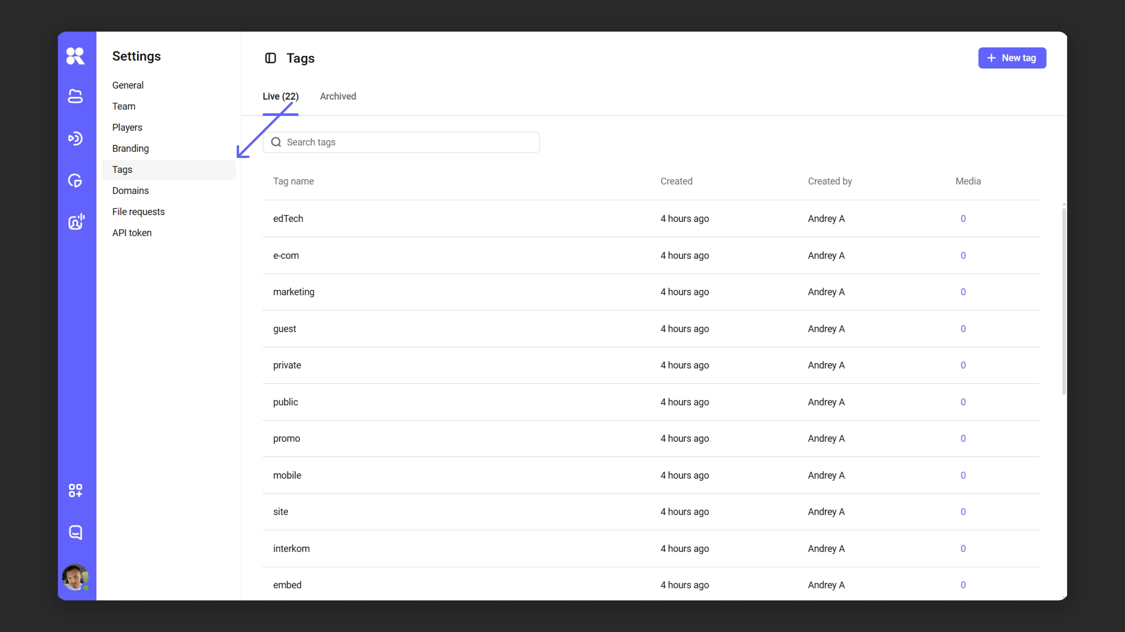 Accessing the tag manager from profile settings