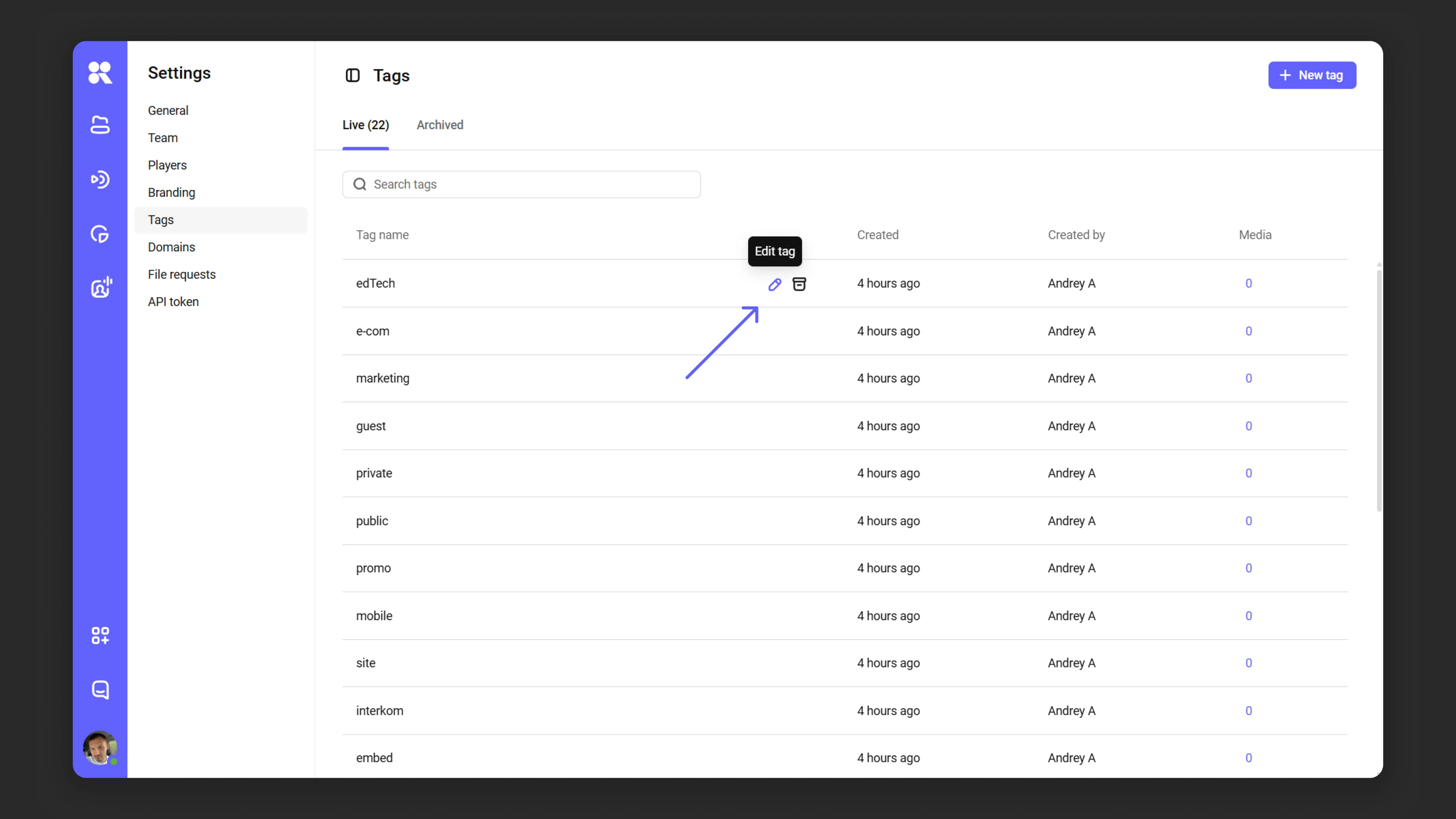 Editing a tag in the tag manager