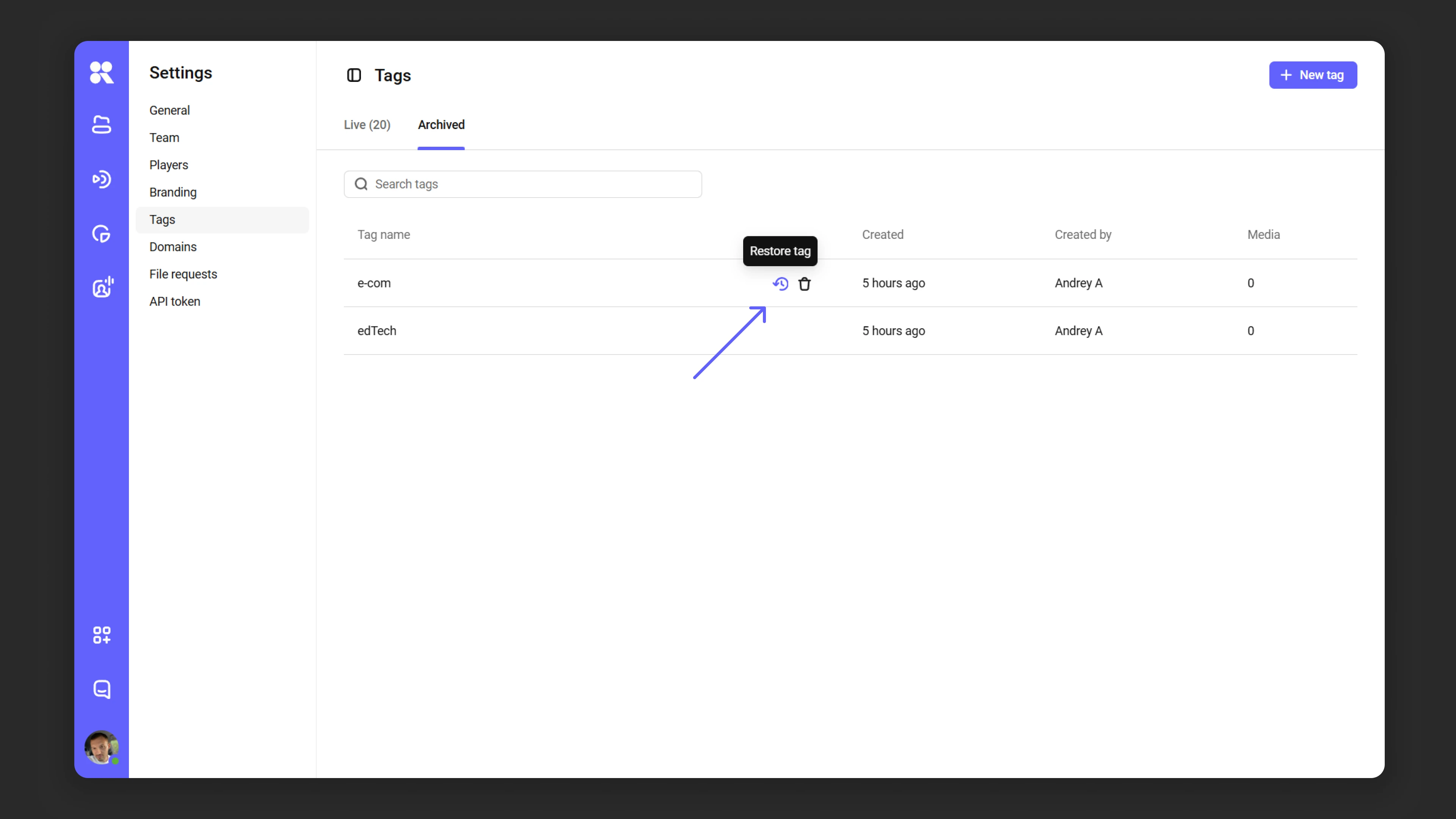 Tag archive tab in the tag manager