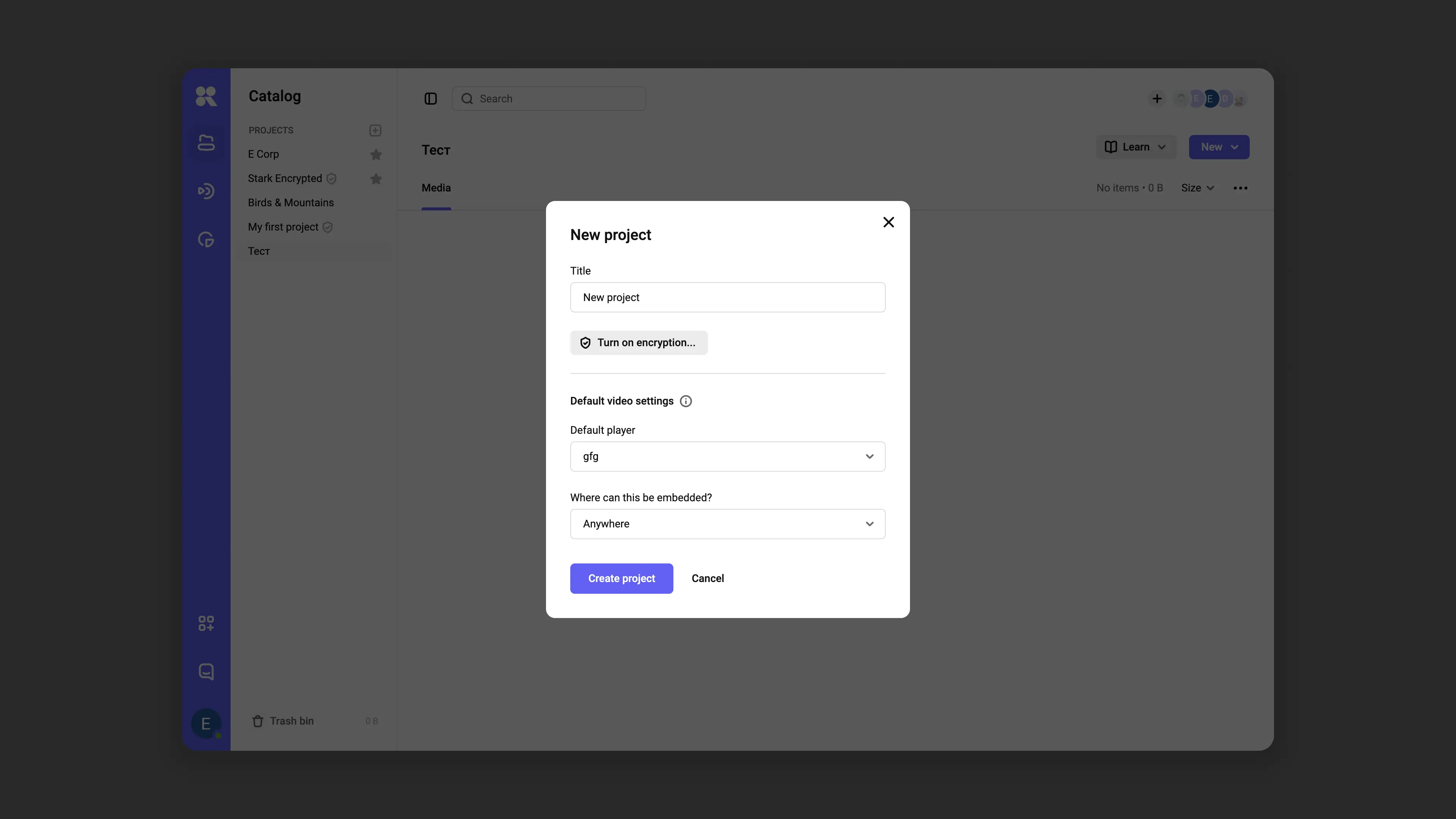 Project settings at creation