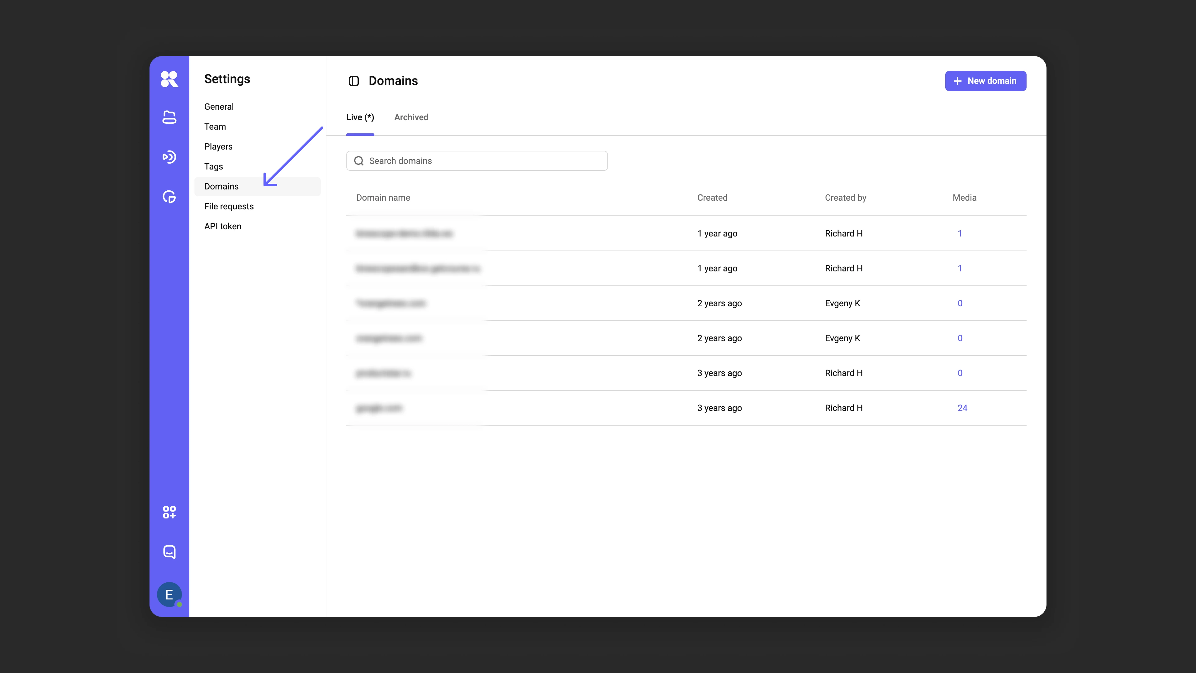 Domain manager in settings