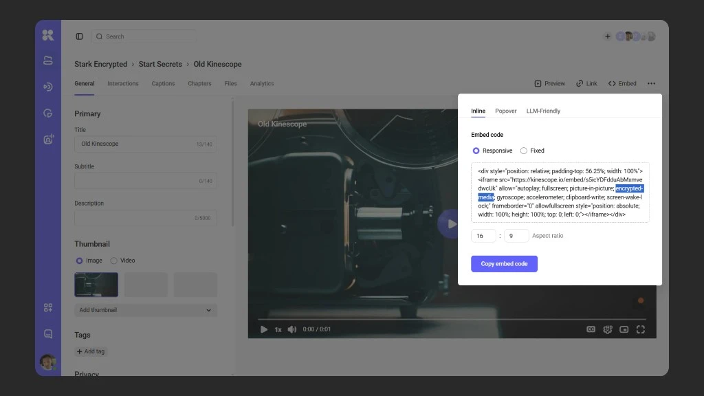 The encrypted-media parameter in the embed code
