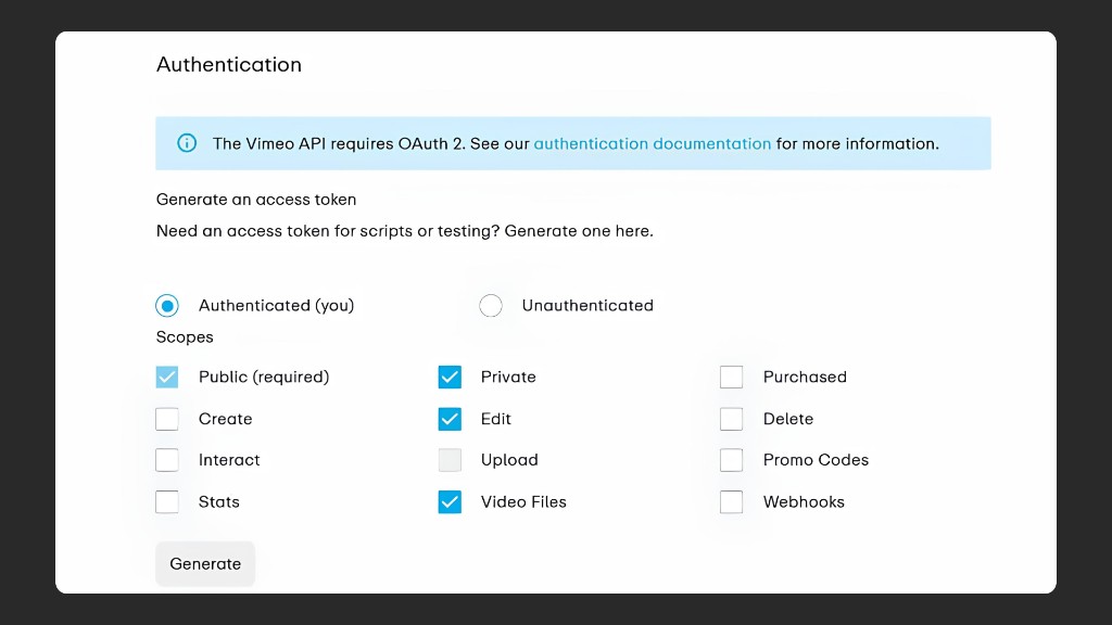 Vimeo API token scopes: Edit permission for album-based migration
