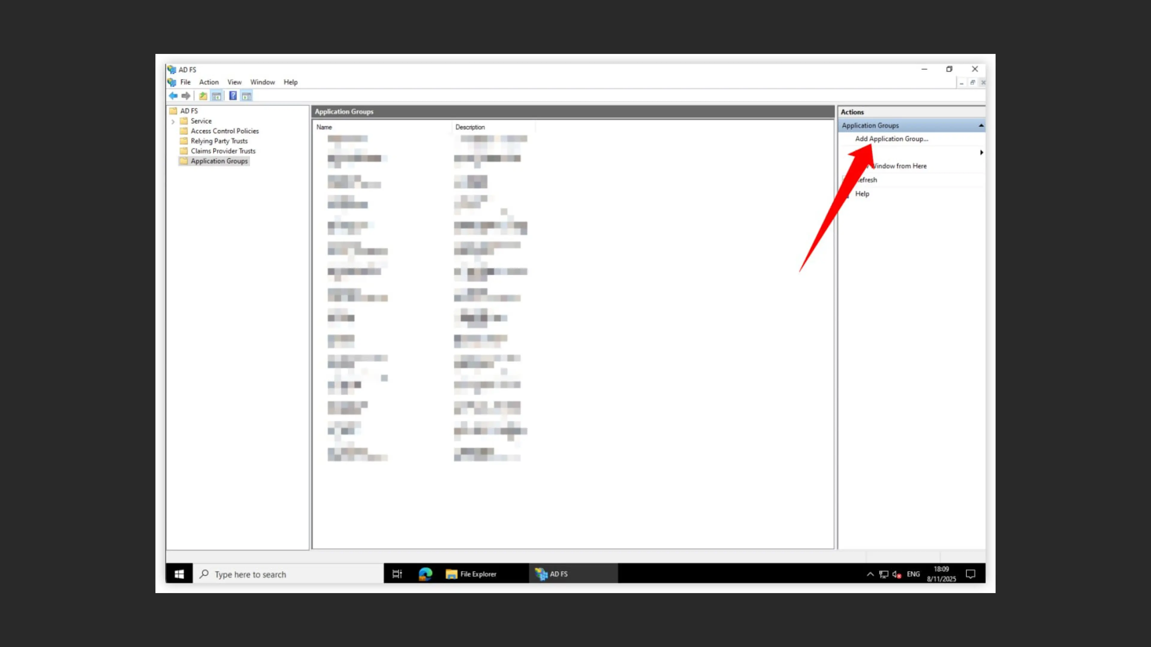 Application Groups list in AD FS after setup