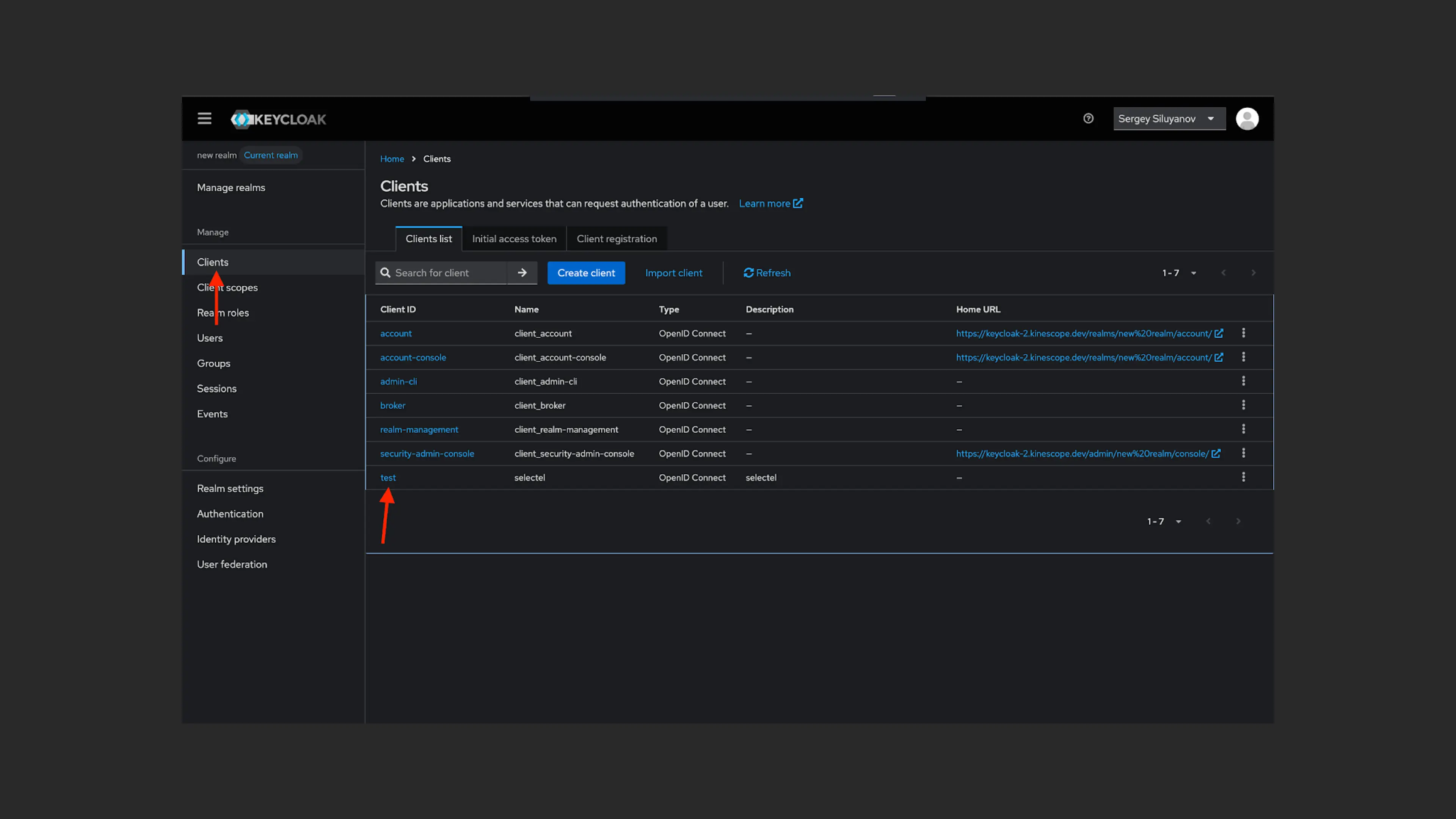 Selecting a client in Keycloak