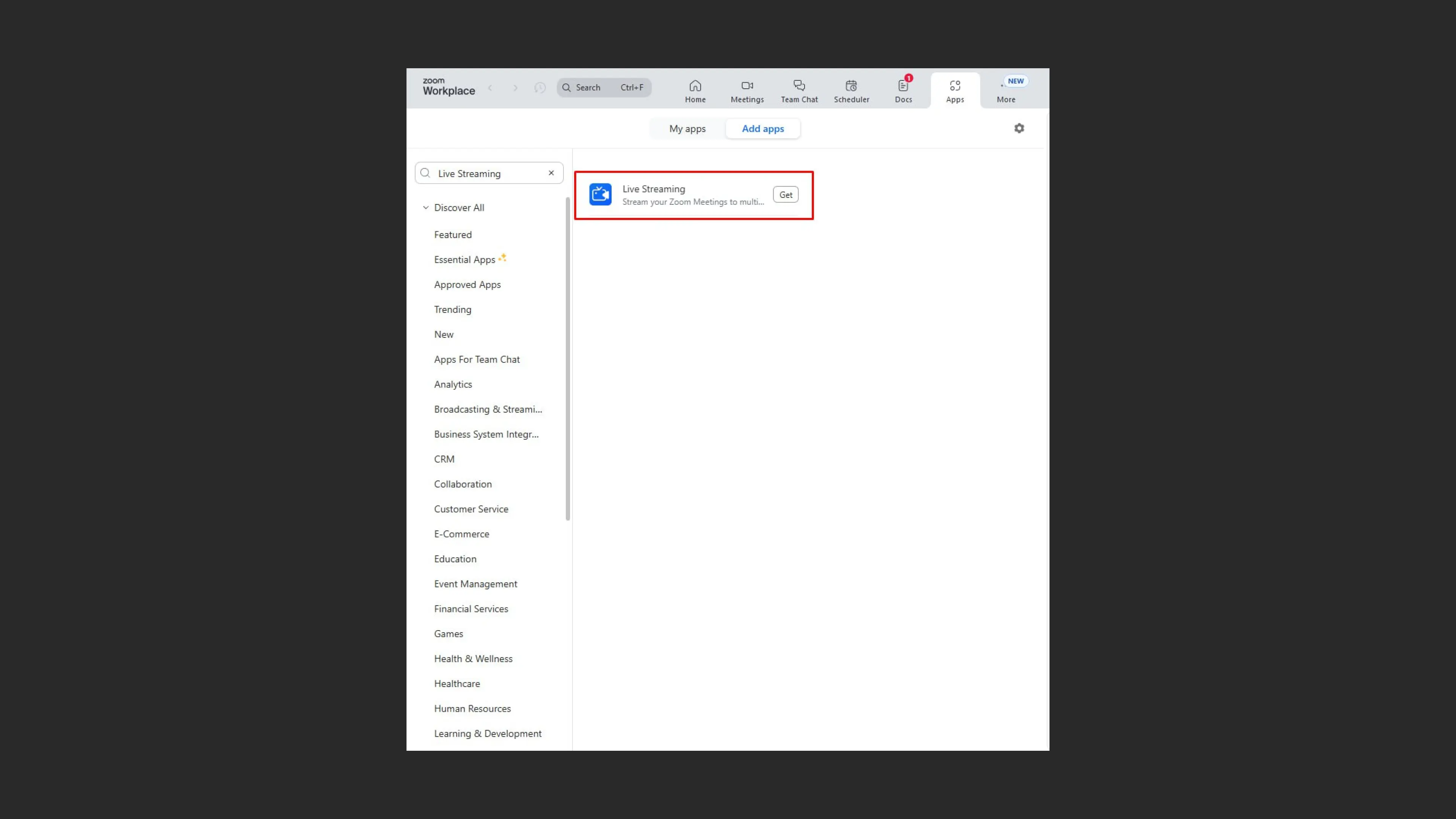 Adding the Live Streaming app in Zoom