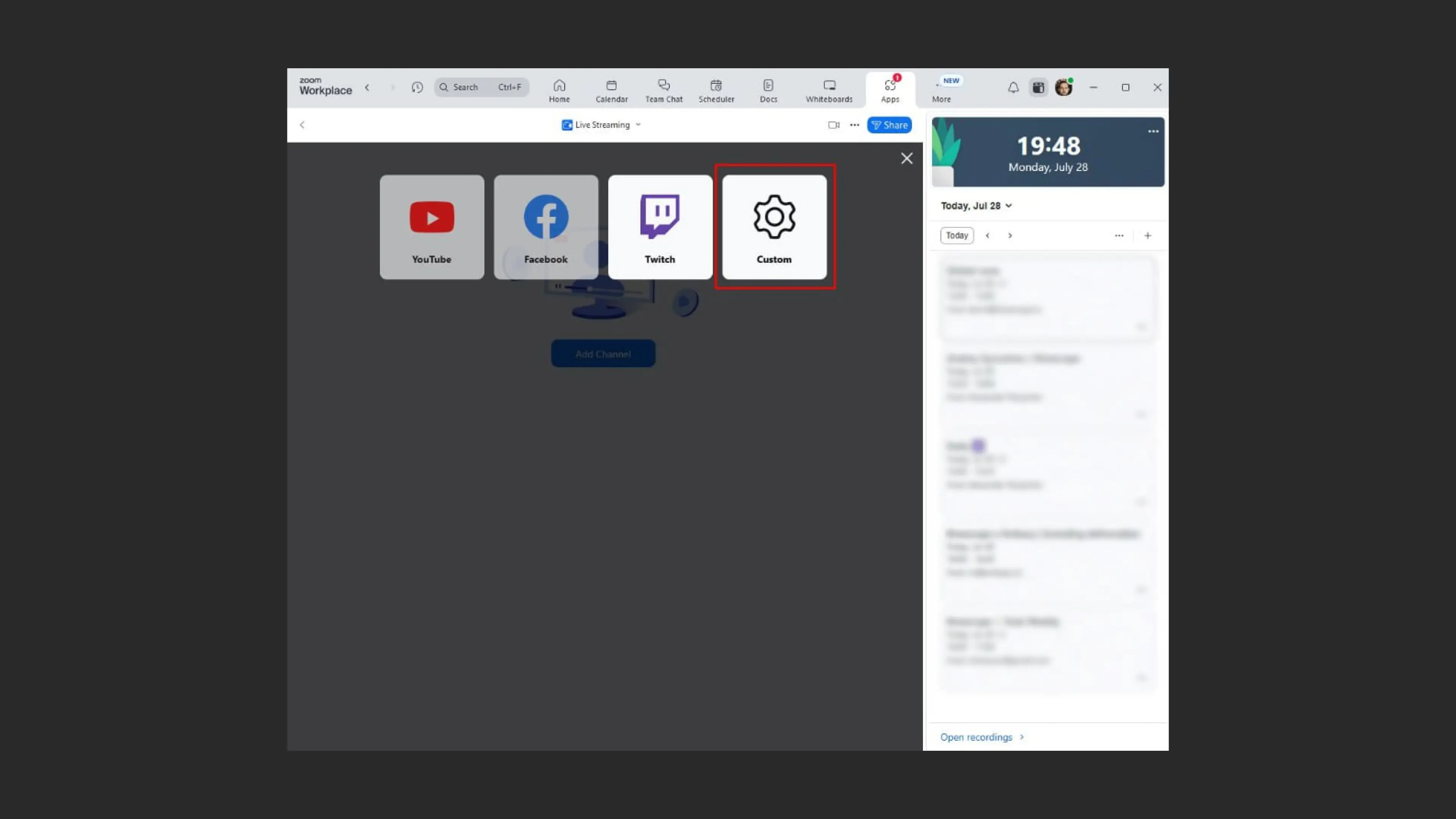 Selecting Custom for broadcast