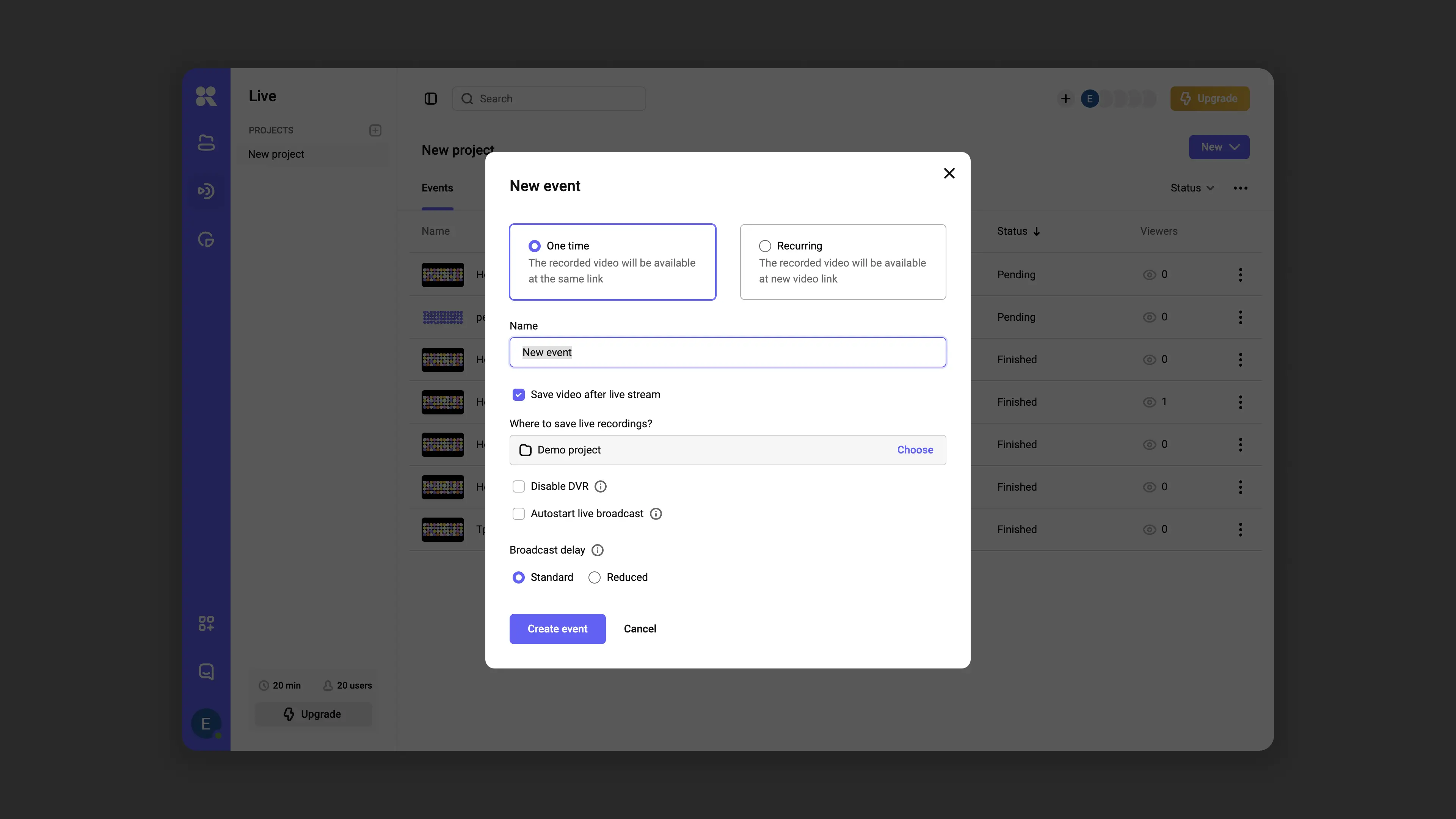 Creating a new live stream event in Kinescope