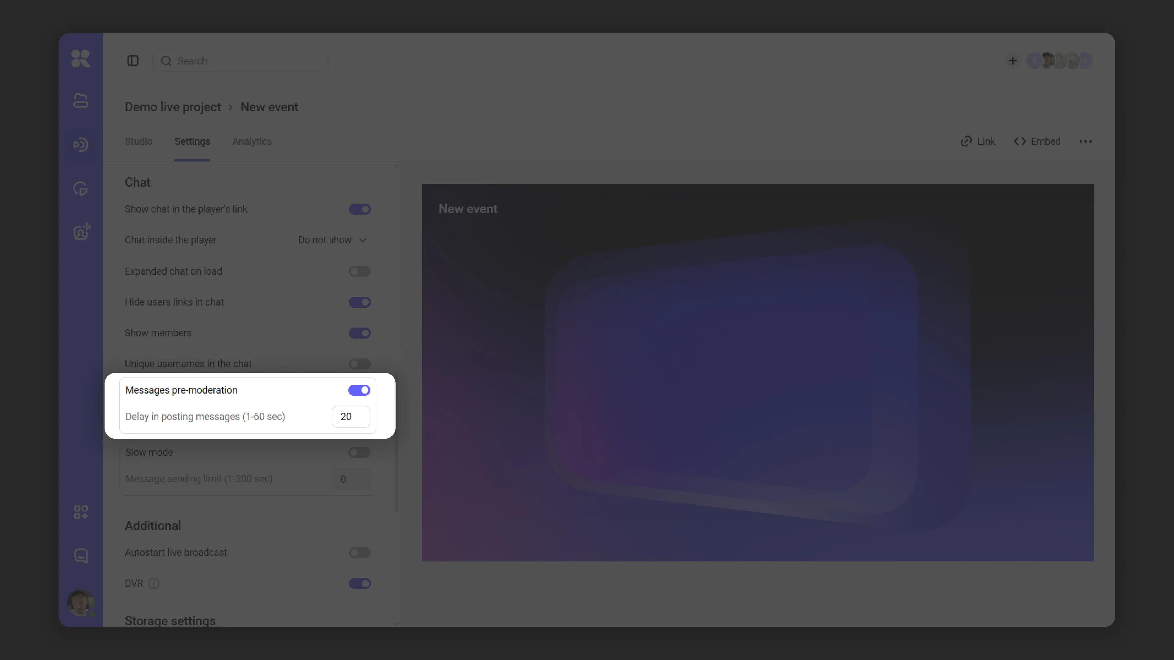 Message premoderation in Kinescope chat