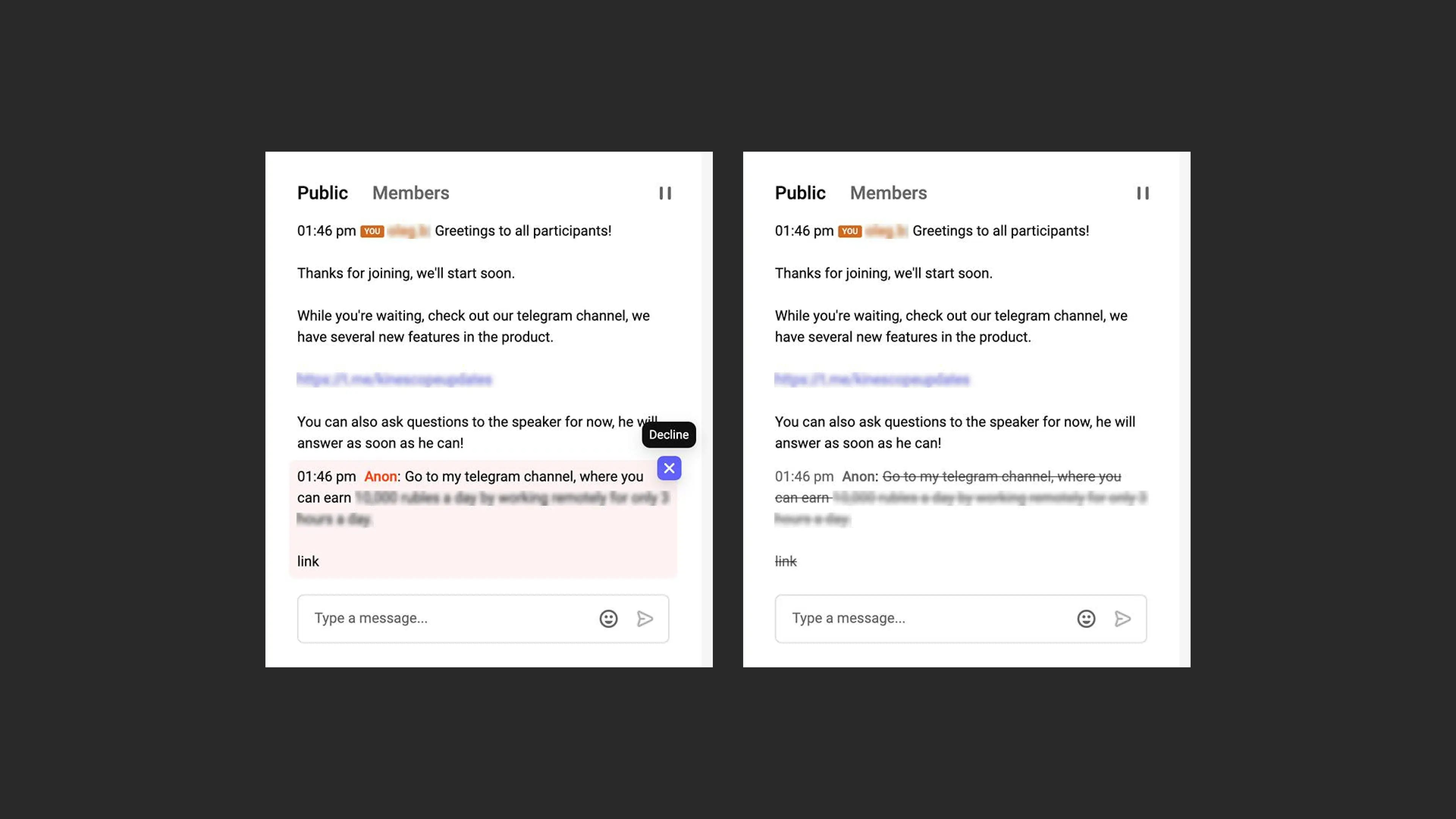 Moderator view of pending messages in Kinescope chat
