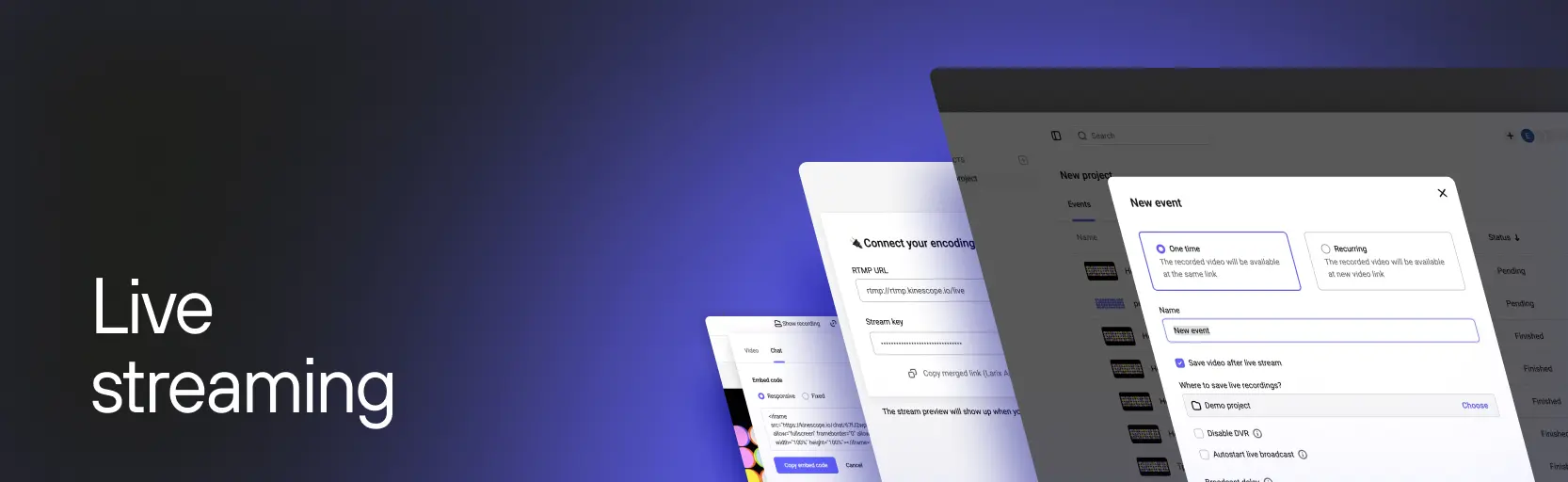 Kinescope live streams interface