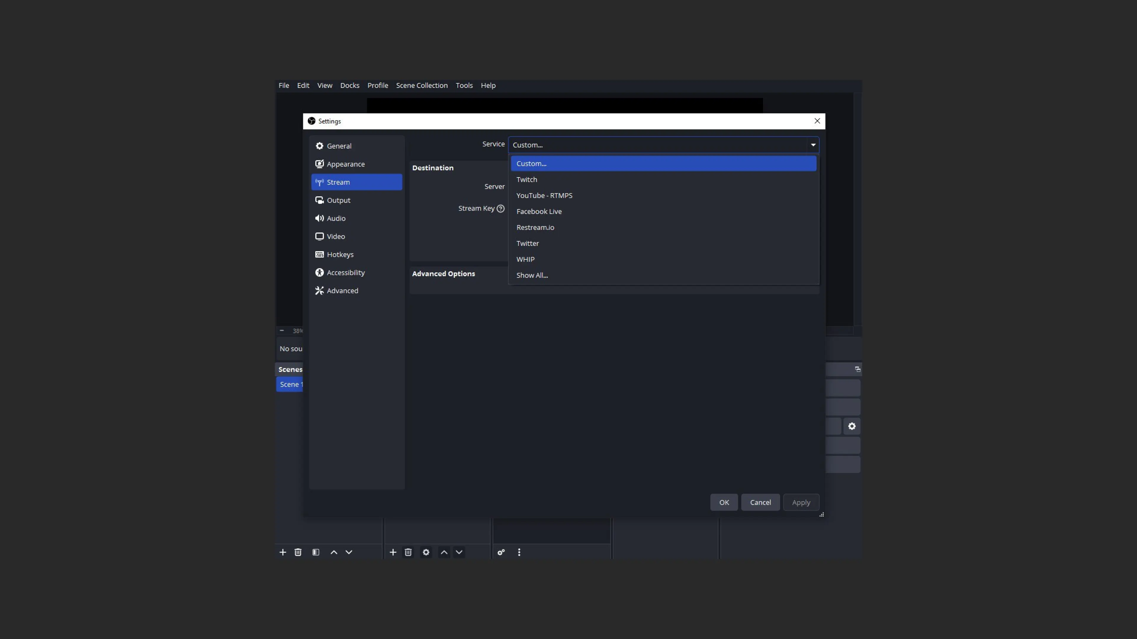 Stream service configuration in OBS Studio