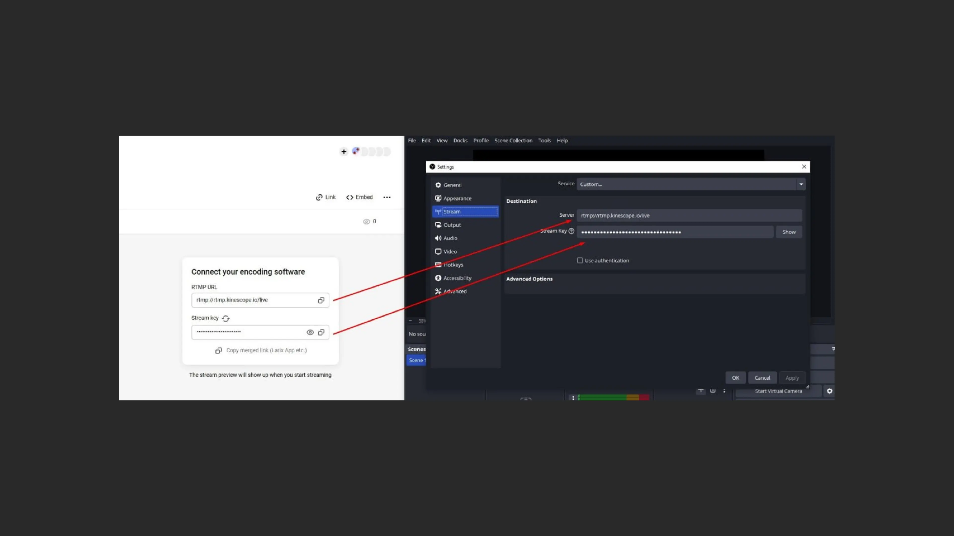 Entering the RTMP server in OBS Studio