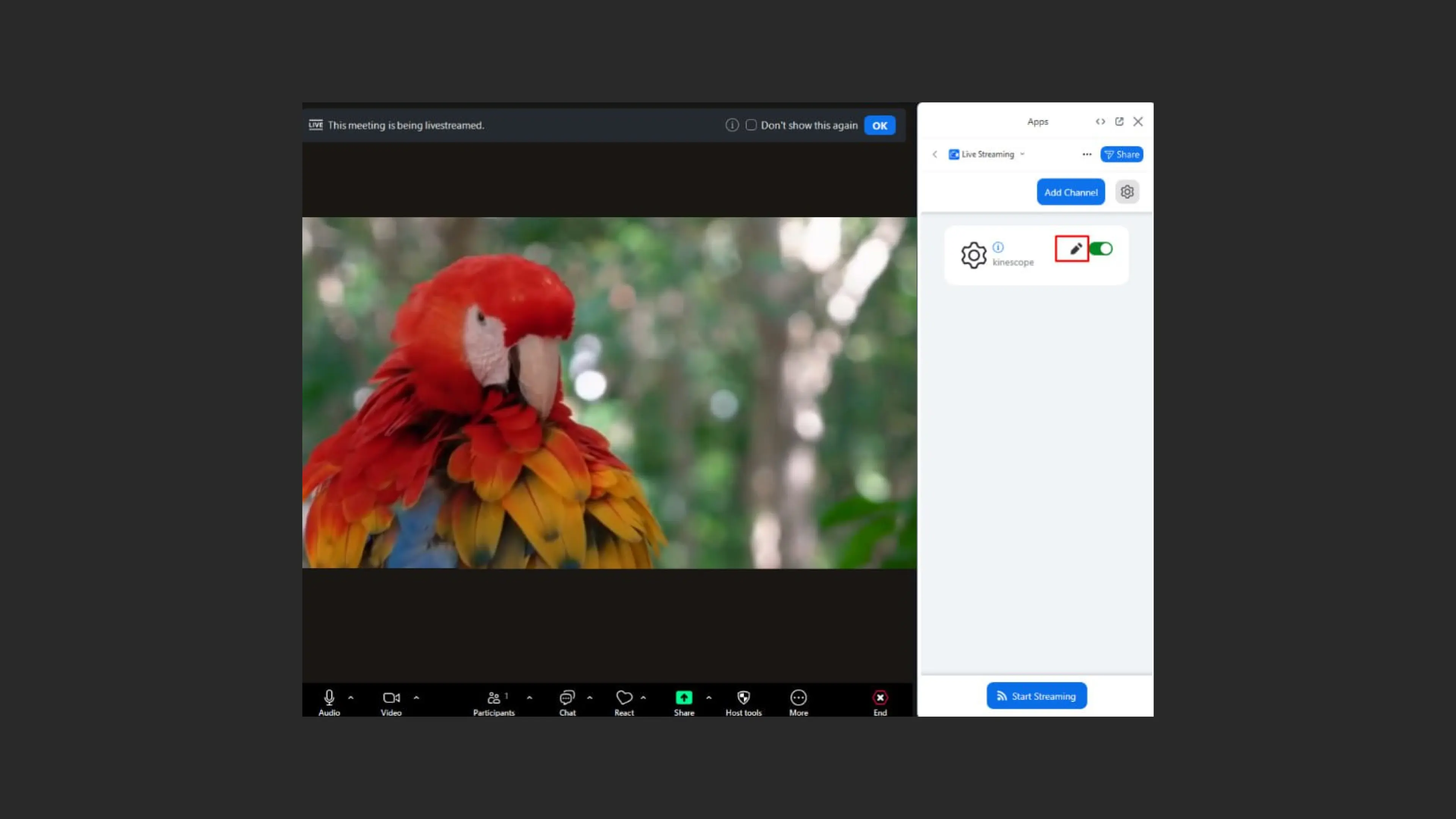 Opening stream settings to edit in Zoom