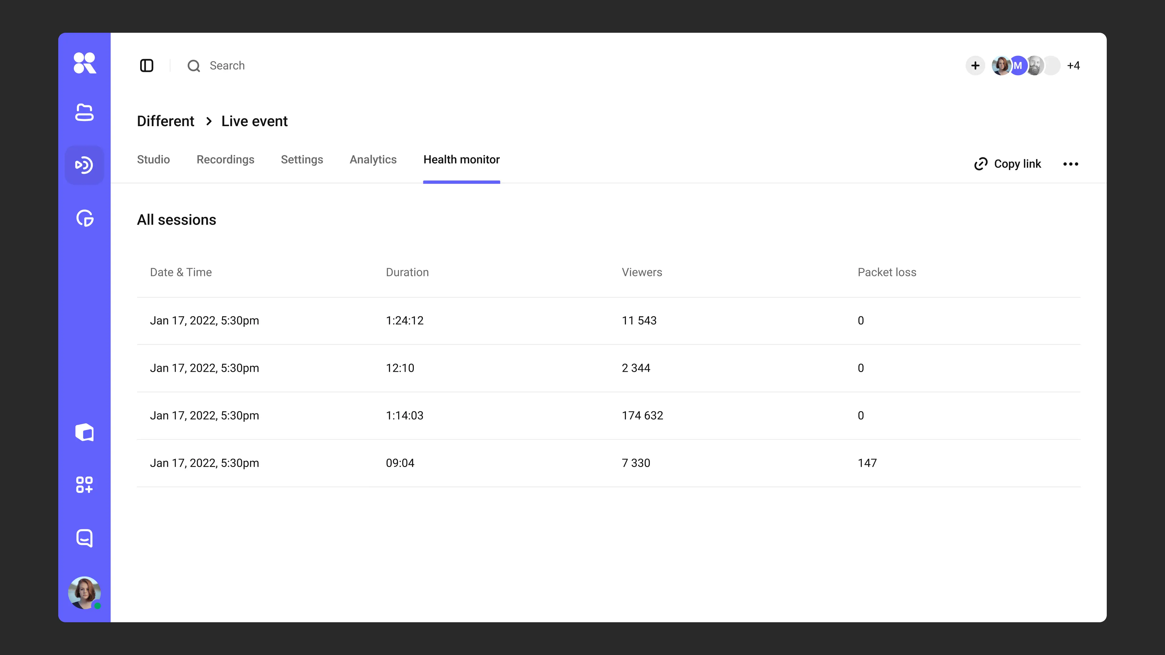 Health Monitor — all sessions list for recurring streams