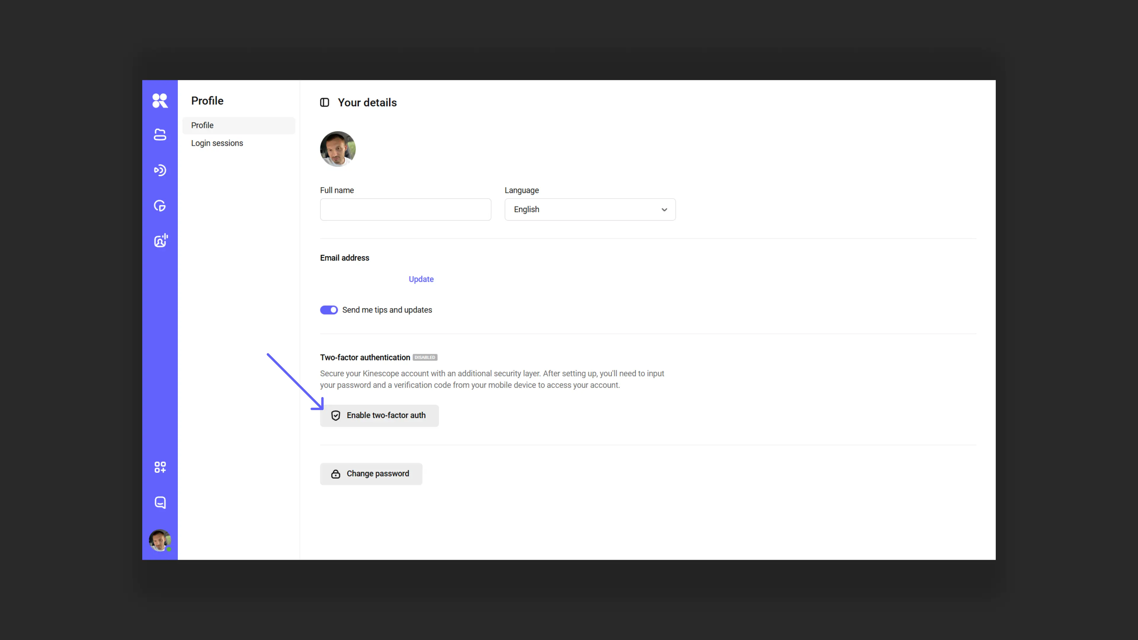 Opening profile settings for 2FA configuration