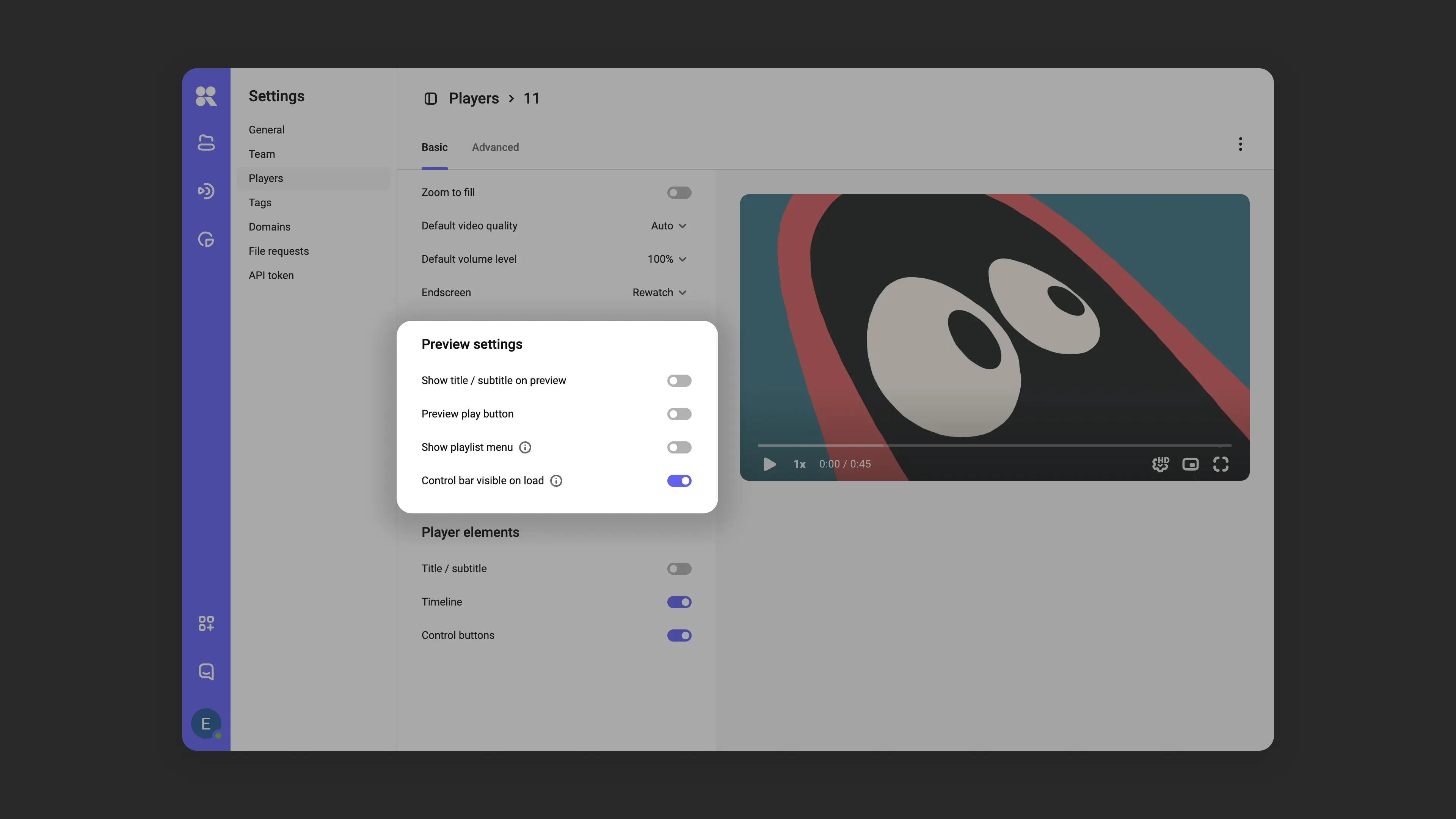 Player element display settings before playback