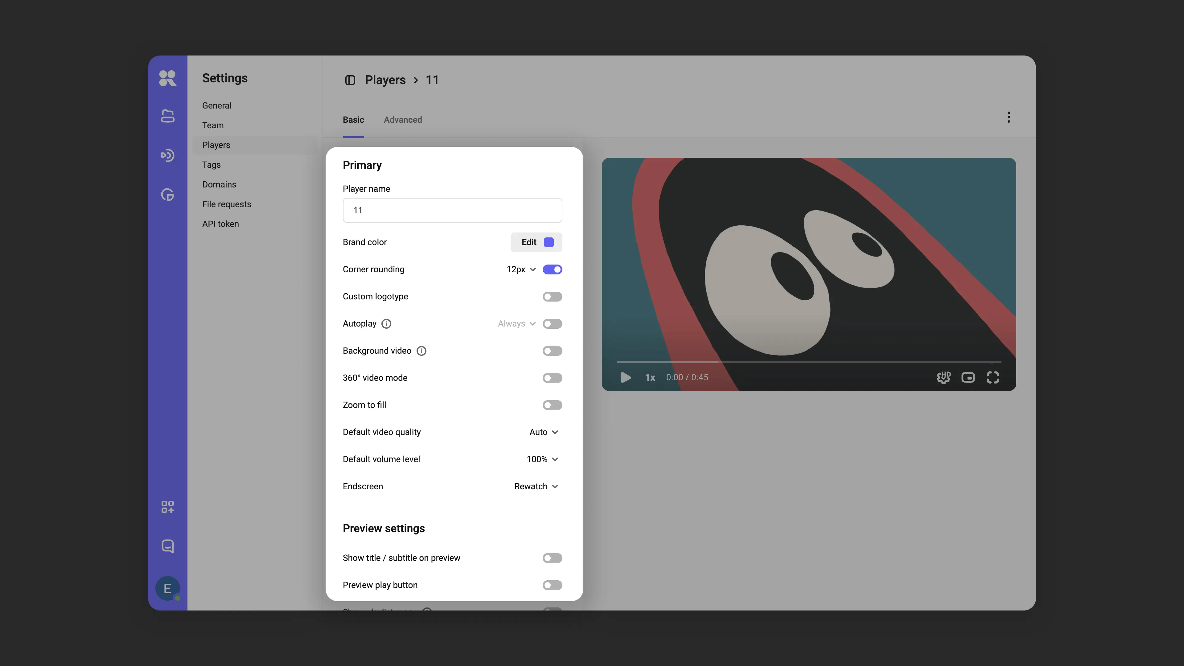 Player settings interface with preview
