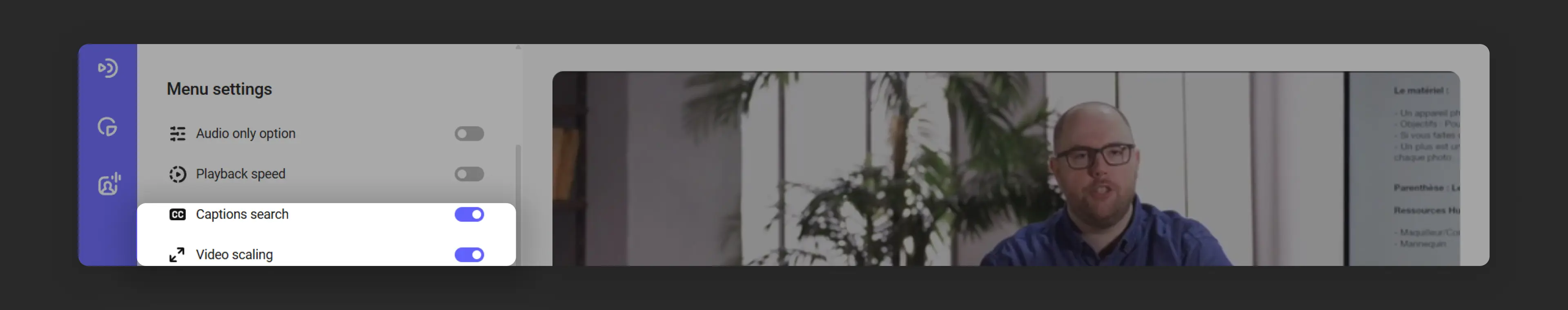 Subtitle search and scale in the player settings menu