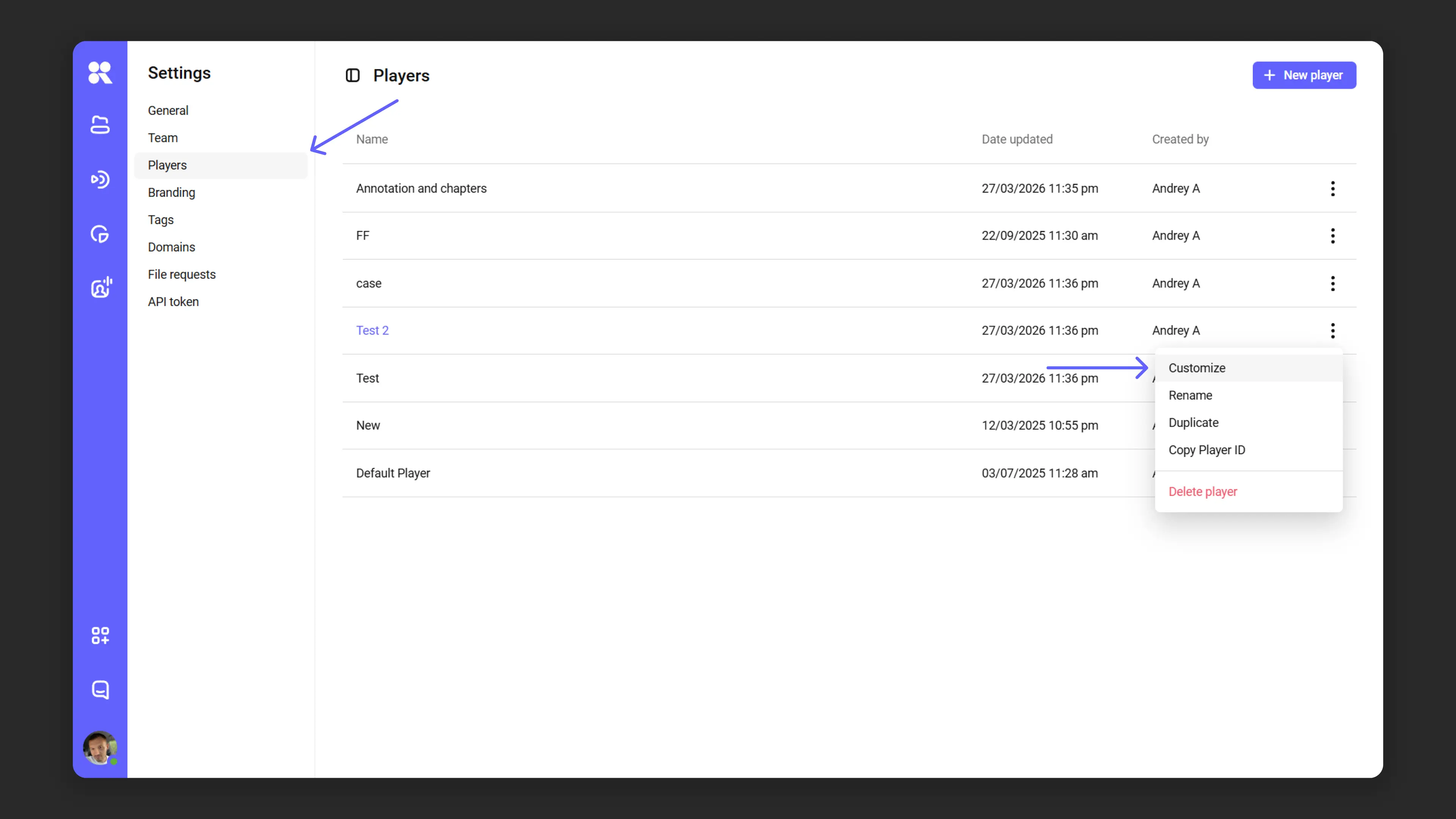 Player template manager