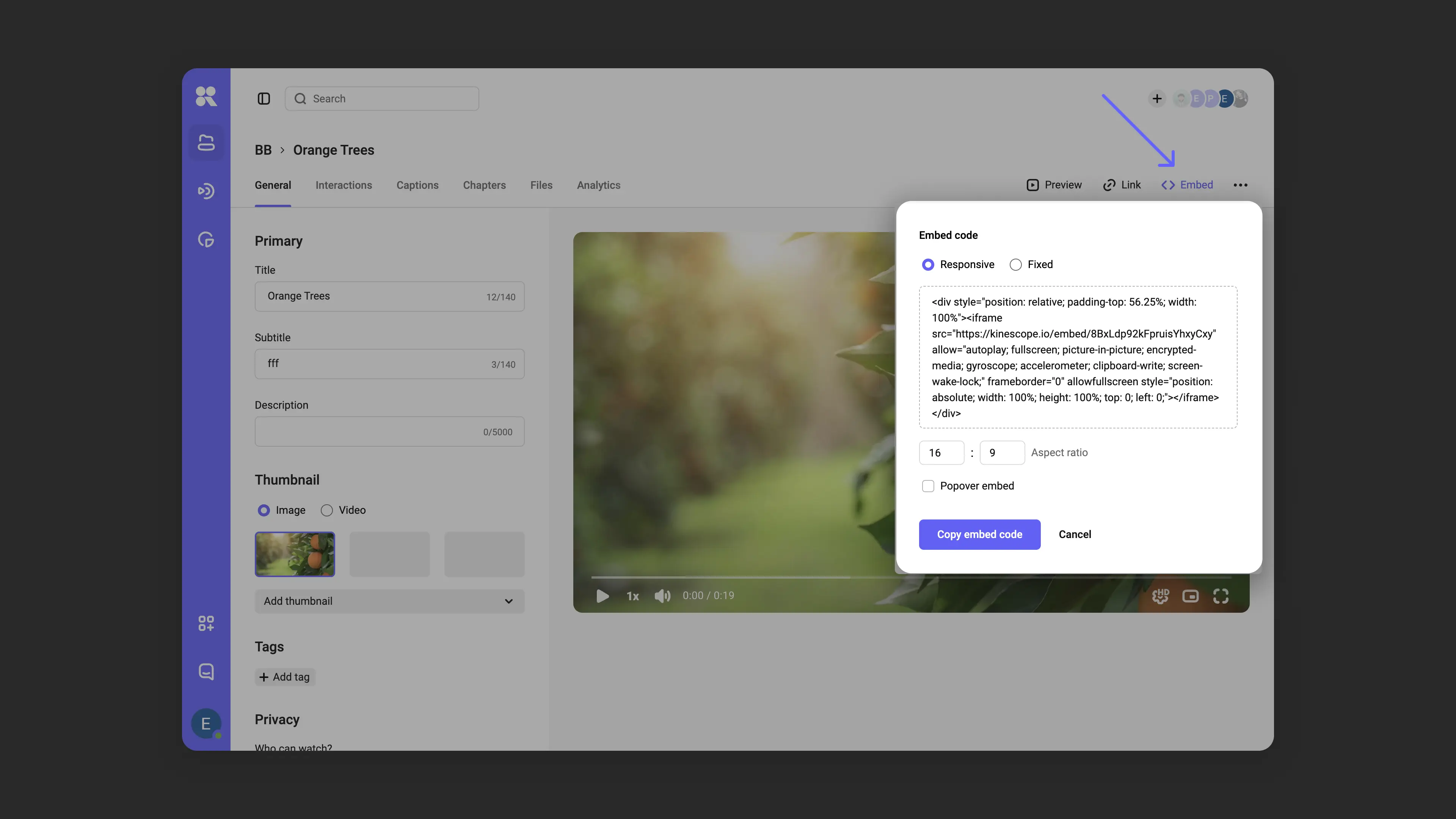 Code type selection window in video settings
