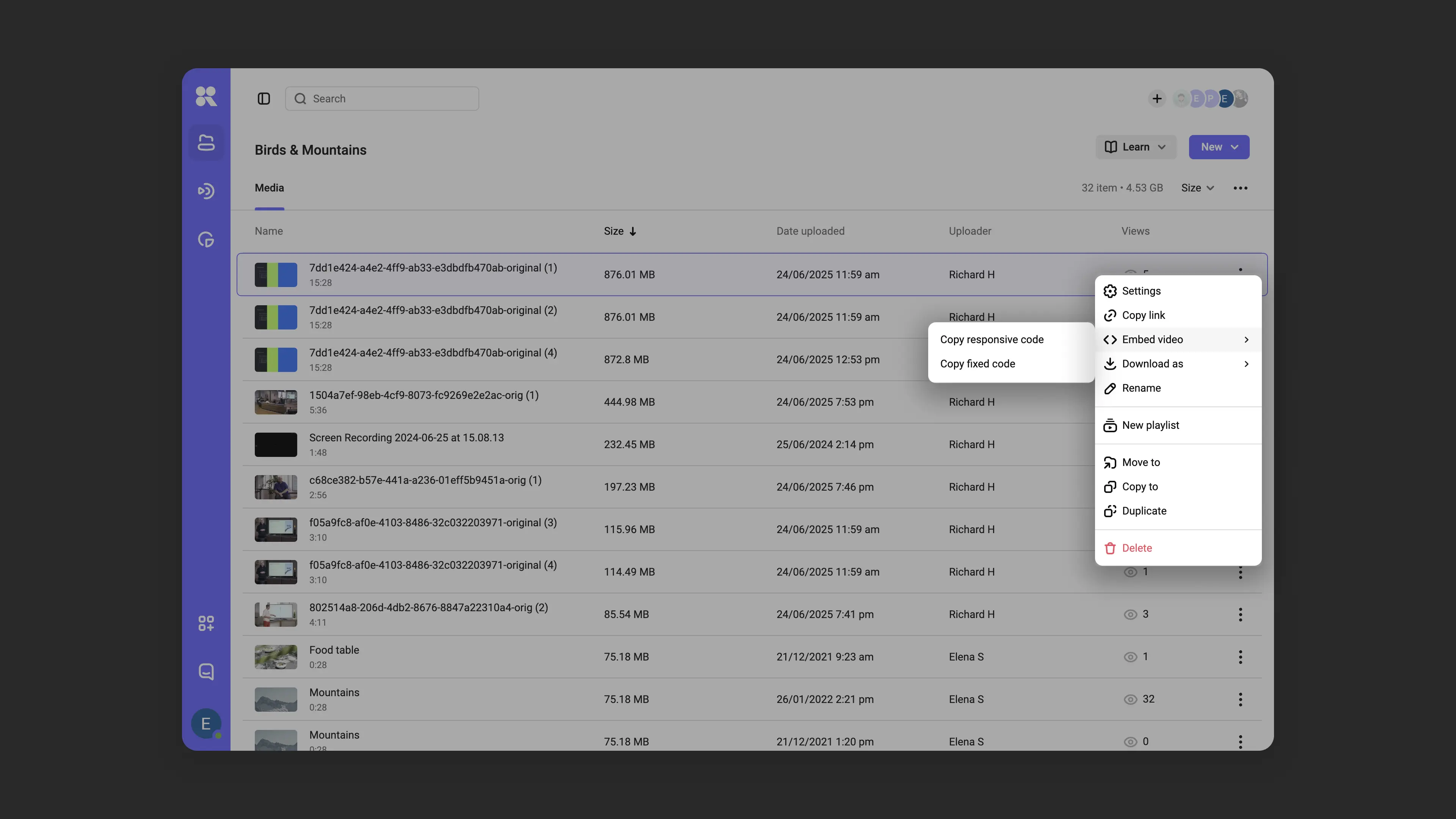Embed code copy menu from catalog